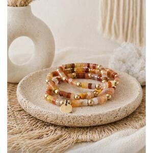 Pomina Brown Tan Gold Beaded Stretch Bracelet Stack New